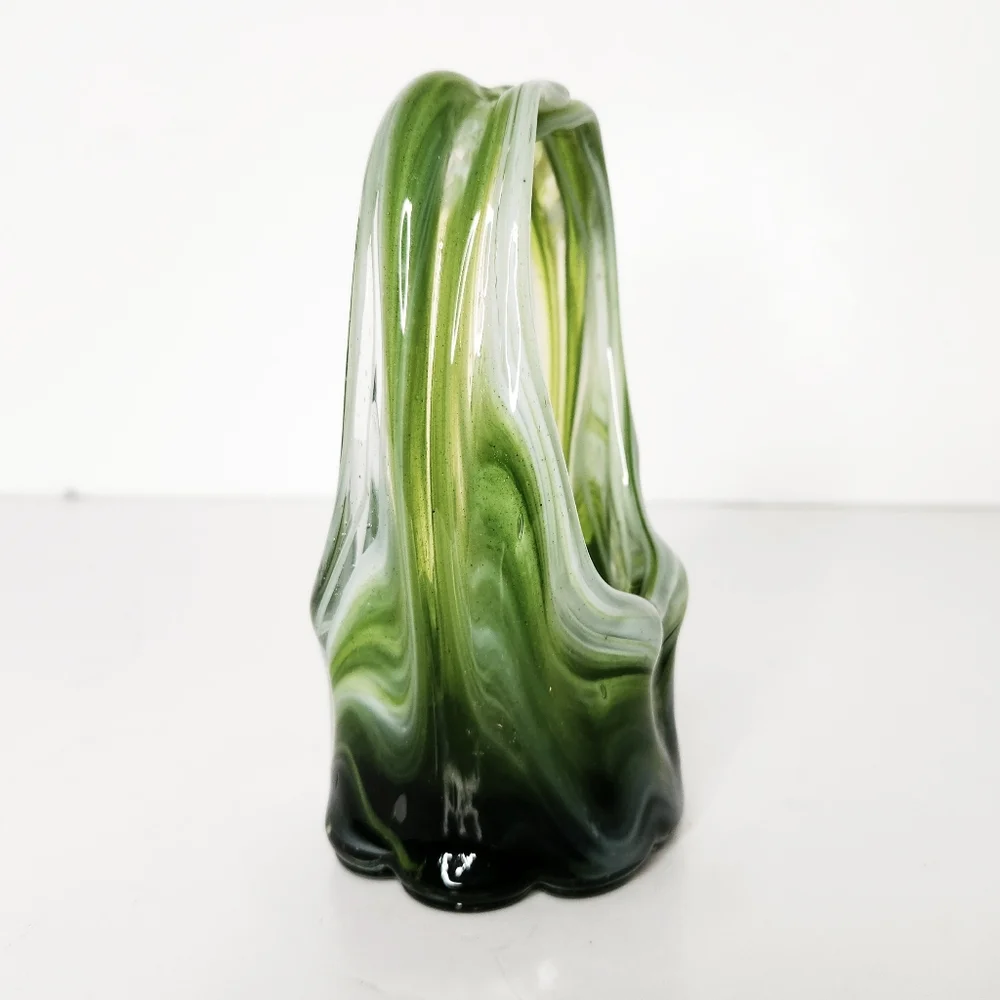 Vintage Hand Blown Stretch Art Glass Basket Vase Green White Swirls 5 1/2 Inches